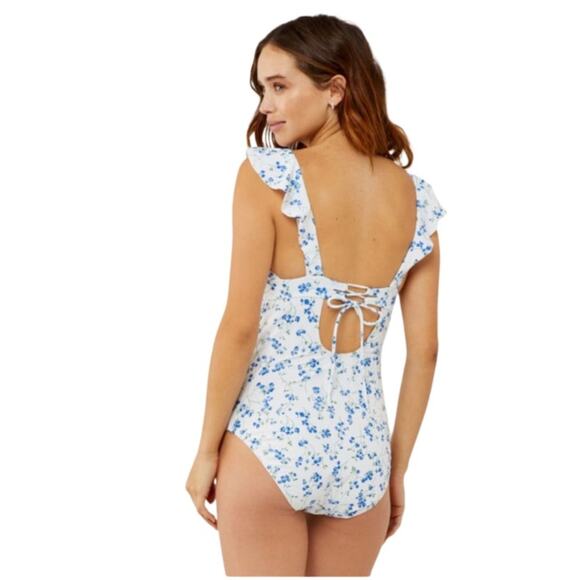 A Pea in the Pod Ruffled Maternity One Piece Floral Swimsuit Medium Blue L NWT - Picture 8 of 8